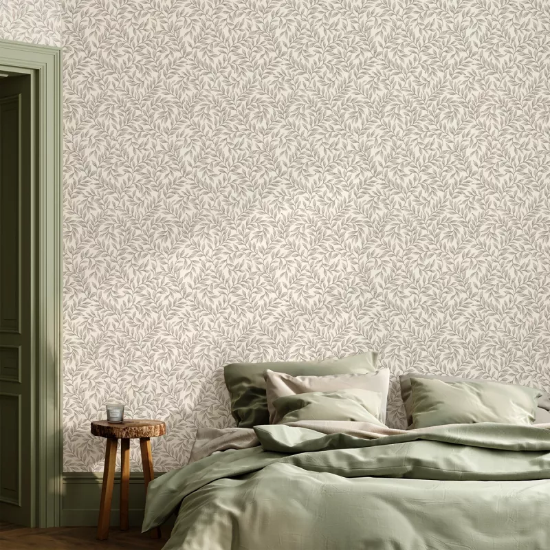 Lim & Handtryck Tapet - Bladmönster vit/grå image