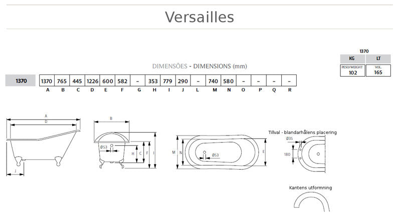 Bathtub - Versailles White Cast Iron with Feet, 137 cm image