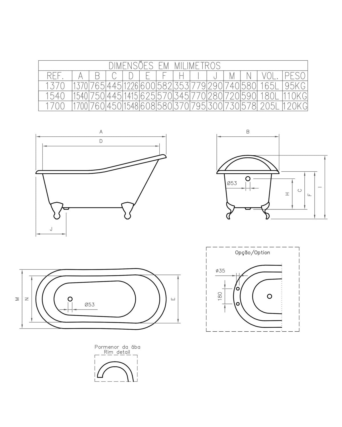 Badekar – Versailles hvidt støbejern med fødder, 170 cm image