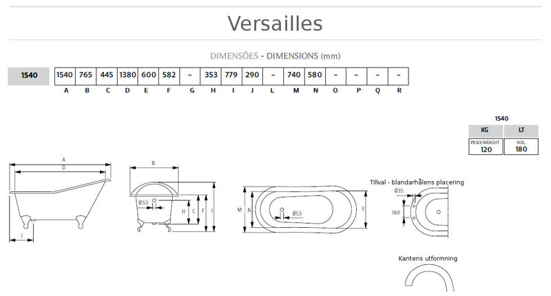 Bathtub – Versailles Cast Iron White with Feet, 154 cm (60.6 in) image
