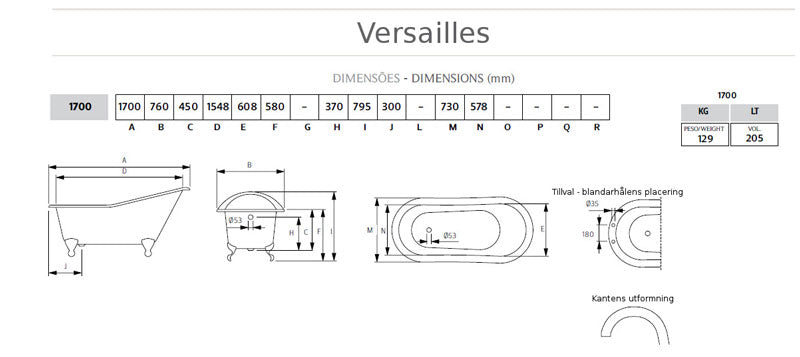 Bathtub – Versailles Cast Iron White with Feet, 170 cm image