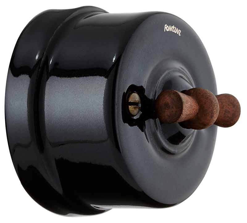 Strömbrytare - Svart porslin trävred, utanpåliggande (trapp) image