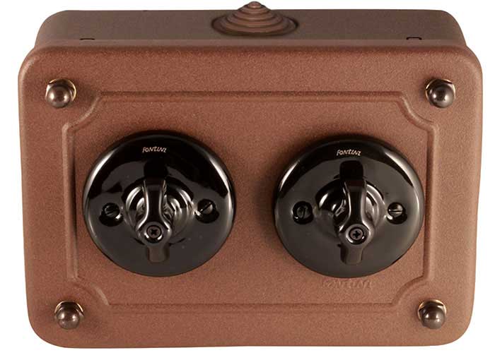 Two-way porcelain light switches in metal box - black porcelain/aged metal image