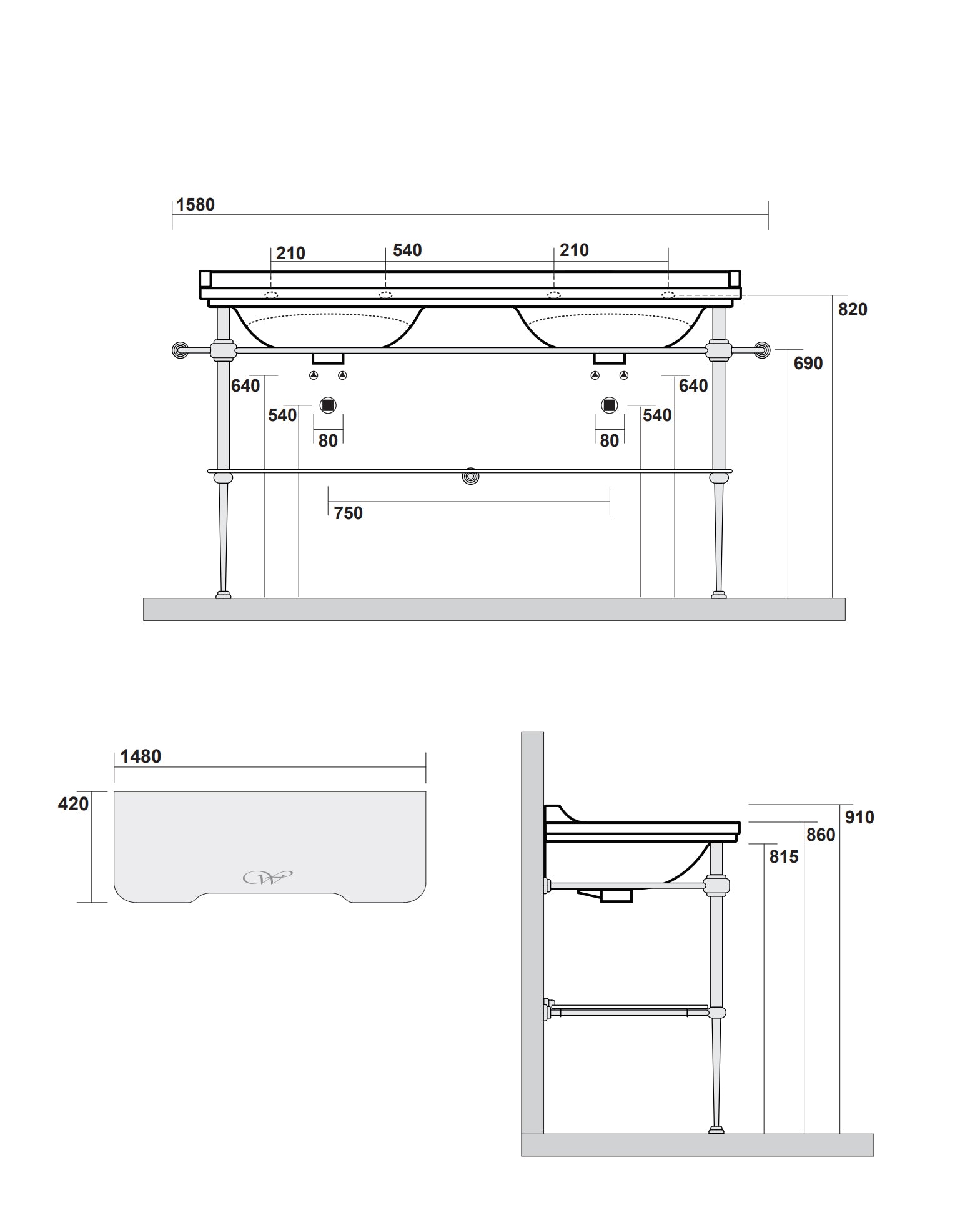 Sink with Chrome Legs & Glass Shelf - Art Deco - Double 150 cm image