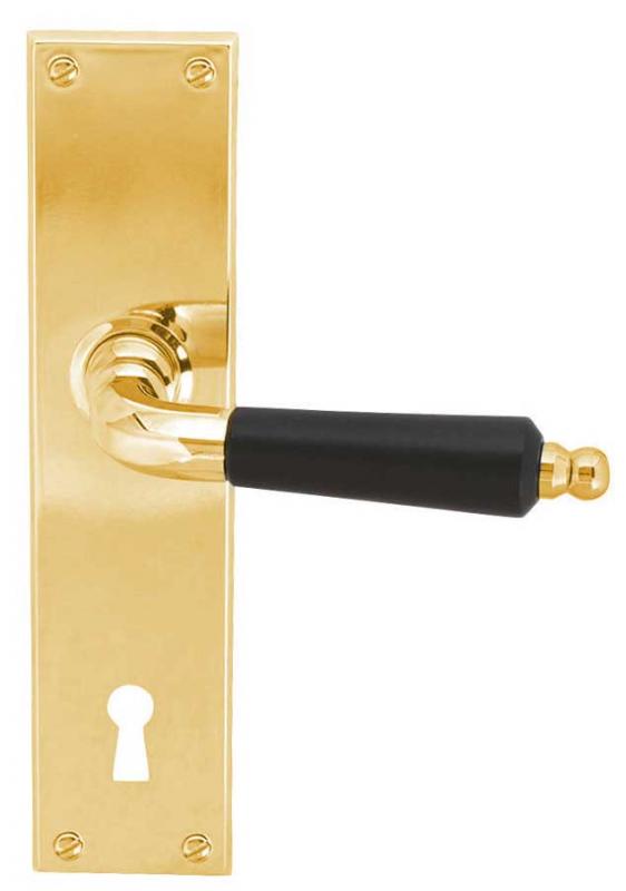 Door Handle - Long Plate with Wooden Grip - Brass