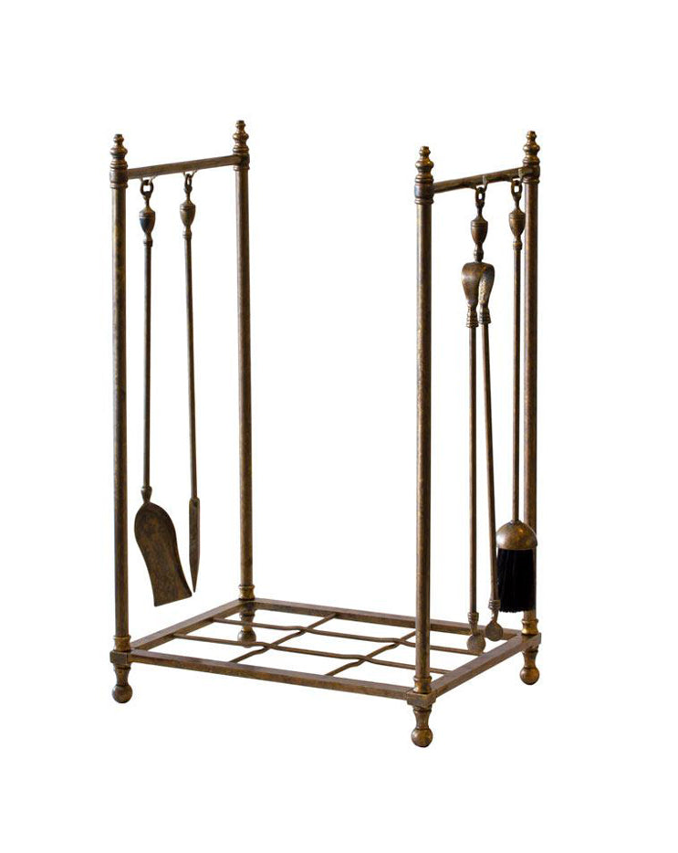 Log Rack with Fireplace Tools - Antique Brass