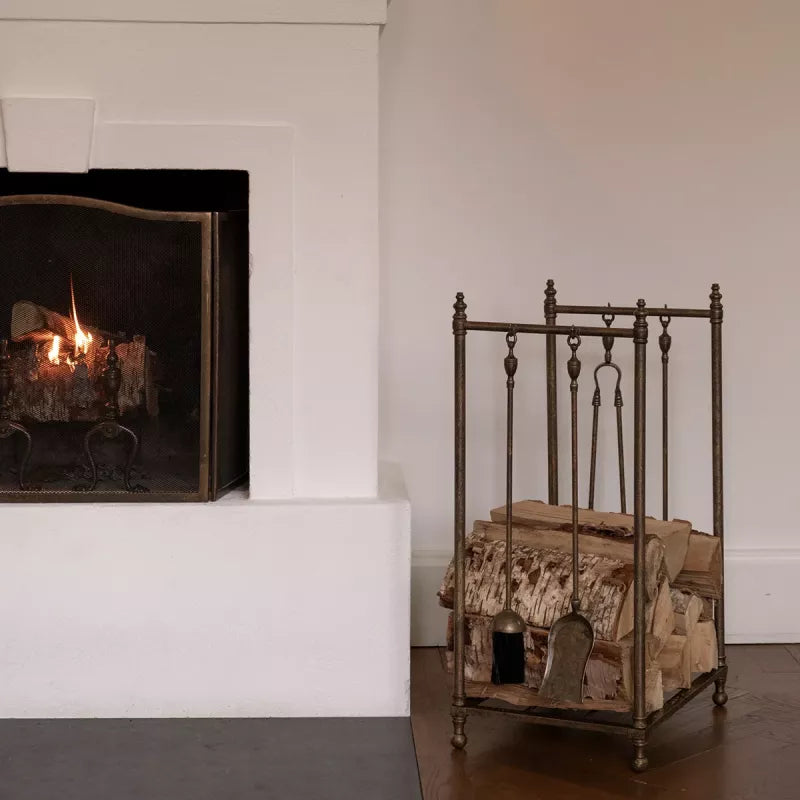 Log Rack with Fireplace Tools - Antique Brass image