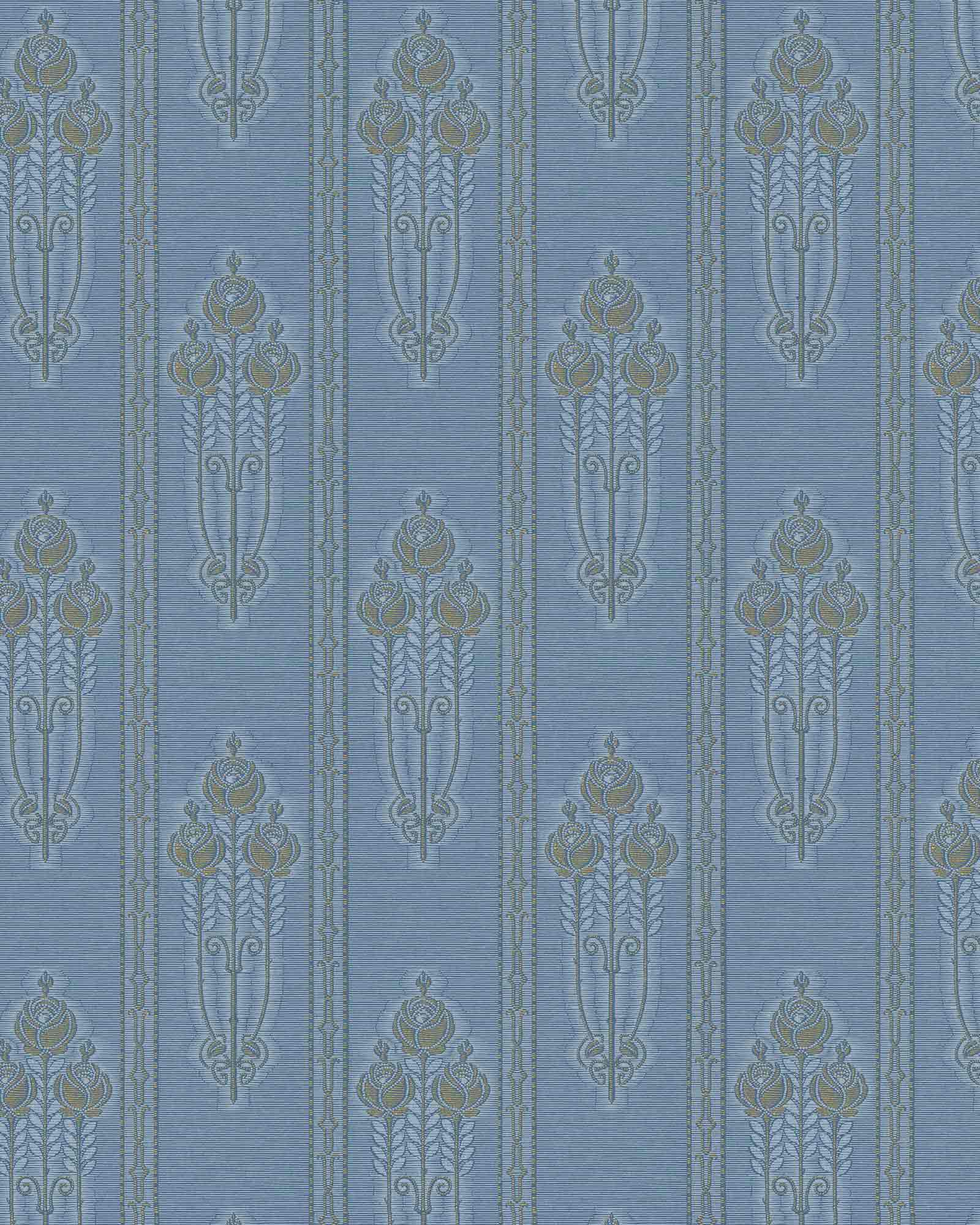 Lim & Handtryck Tapete – Jugendstilrosen, Blau/Gold image