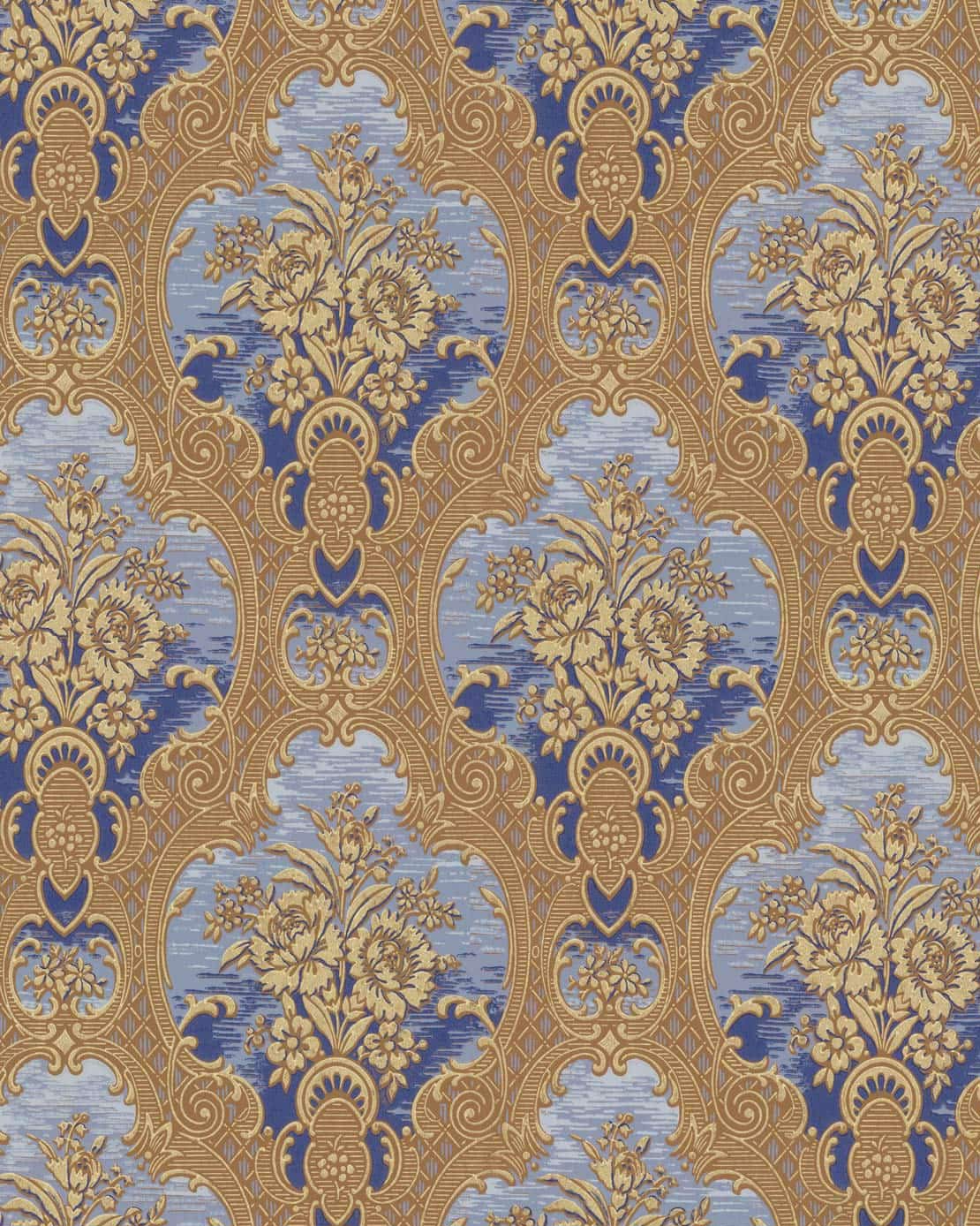 Klebe- und Handabdrucktapete – Nilsagården, Blau/Gold image