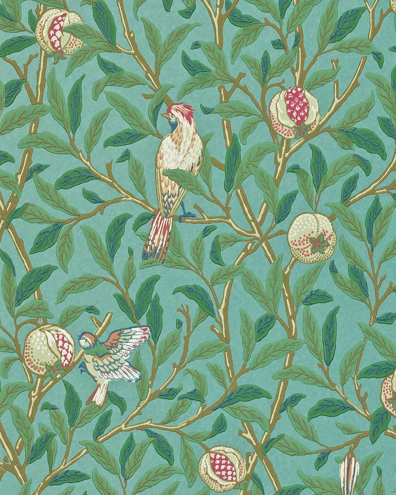 William Morris & Co. Wallpaper - Bird & Pomegranate Turquoise/Coral
