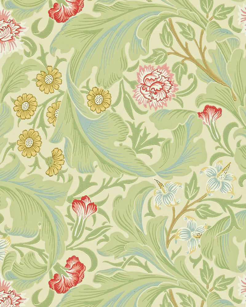 William Morris & Co. Wallpaper - Leicester Green/Coral