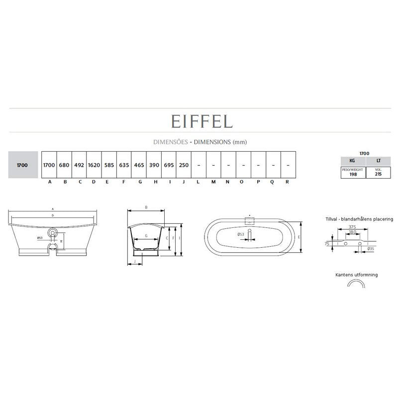 Støpejernsbadekar - Eiffel 170 cm hvitt stål image