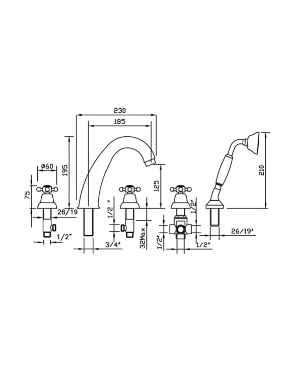 Badekarsbatteri - Islington sargmontering 5 hull, behandlet messing  image
