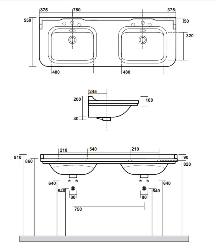 Sink with Bronze Legs & Glass Shelf - Art Deco - Double 150 cm image