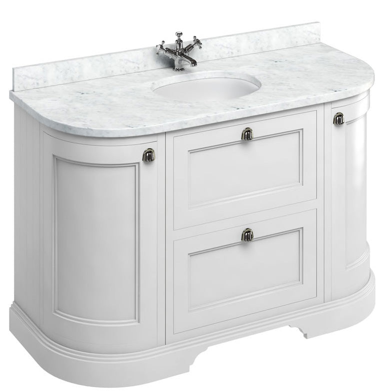 Curved vanity - 134 cm white/Carrera/drawers