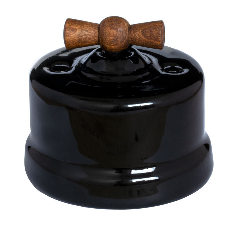 Light Switch - Black Porcelain Wood Knob Surface Mounted (Two-way)