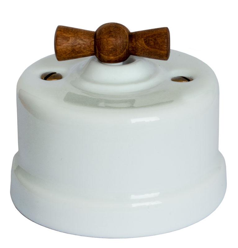 Light Switch - White Porcelain, Surface-Mounted, Wood Knob