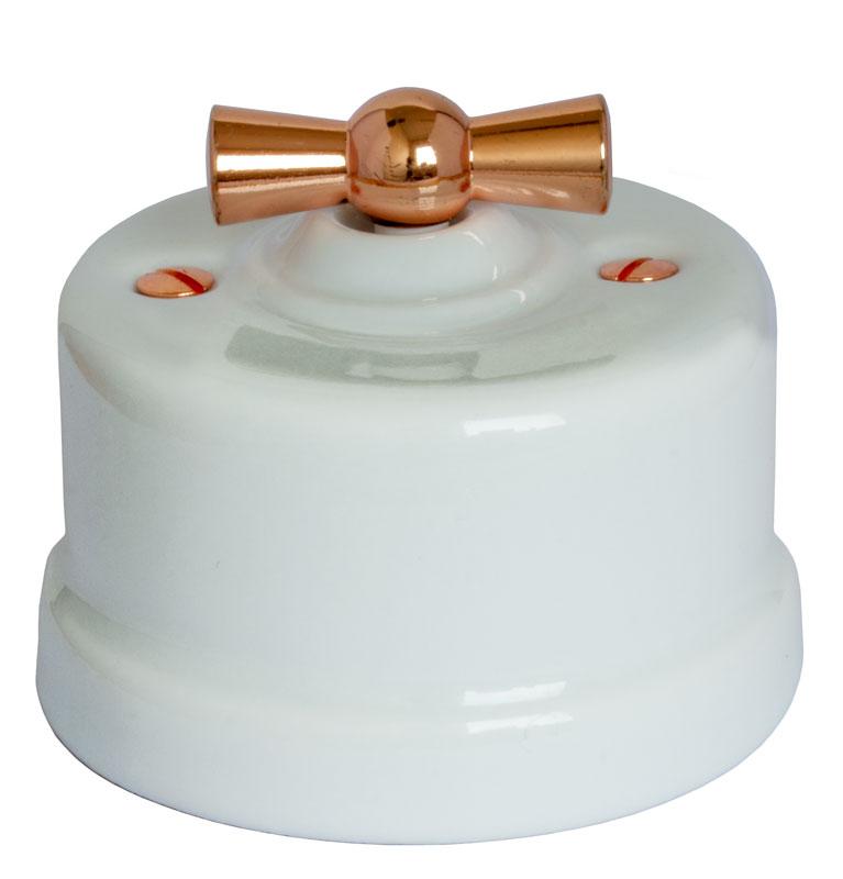 Light Switch - White Porcelain, Surface-Mounted, Copper Knob