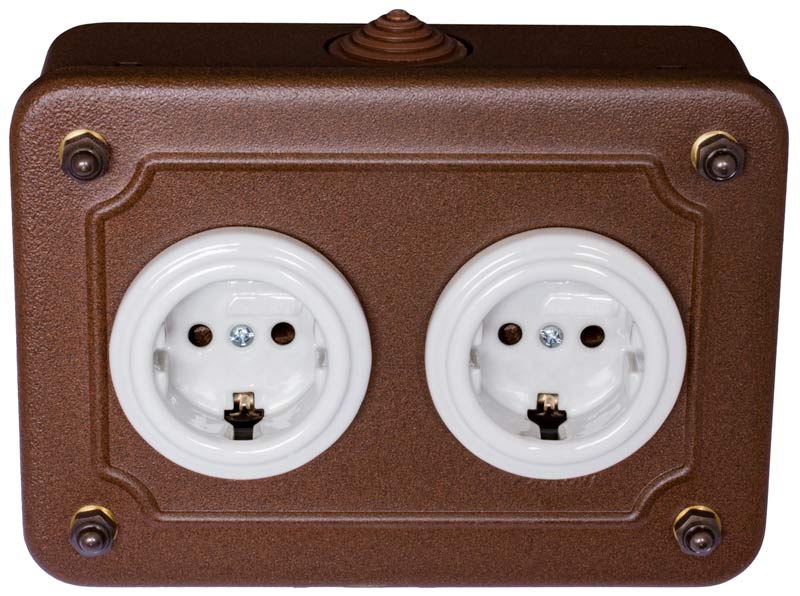 Double Porcelain Outlets in Metal Box - White Porcelain/Aged Metal