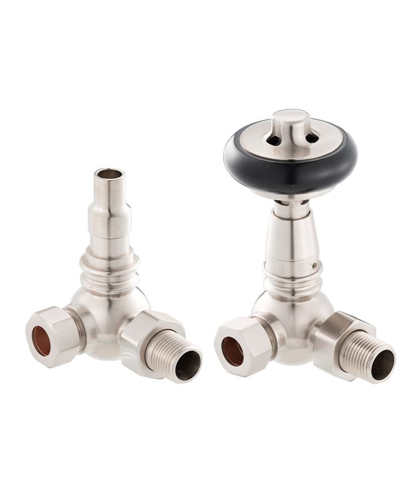 Radiator valve thermostat - York (angled) brushed nickel/wood