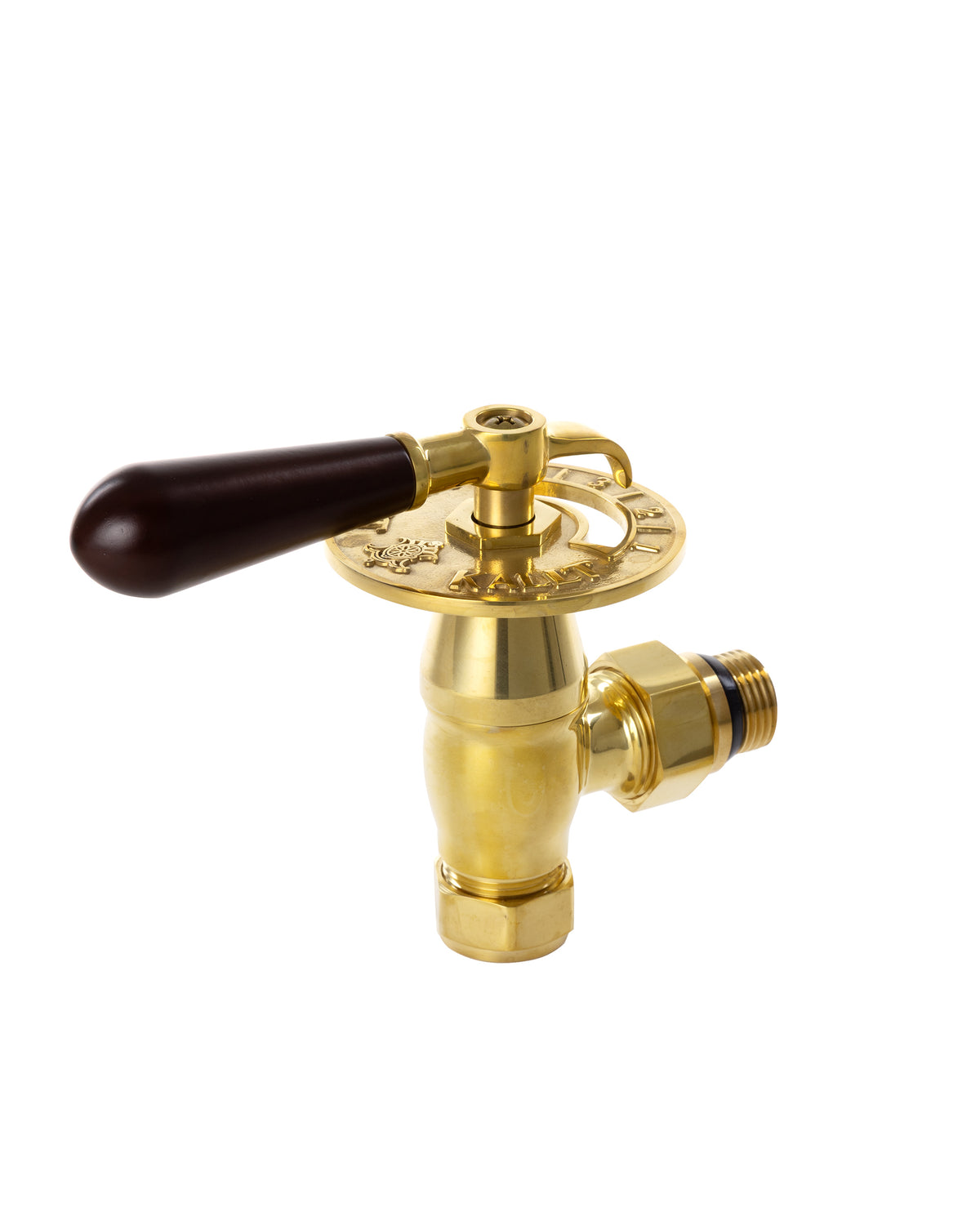 Radiator Valve - Castle-Style Knob Sekelskifte Angled Brass/Wood image