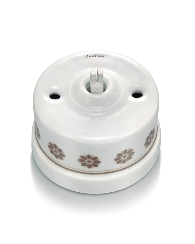 Light Switch - White Porcelain Surface-Mounted, Brown Decorative Details, without Knob image