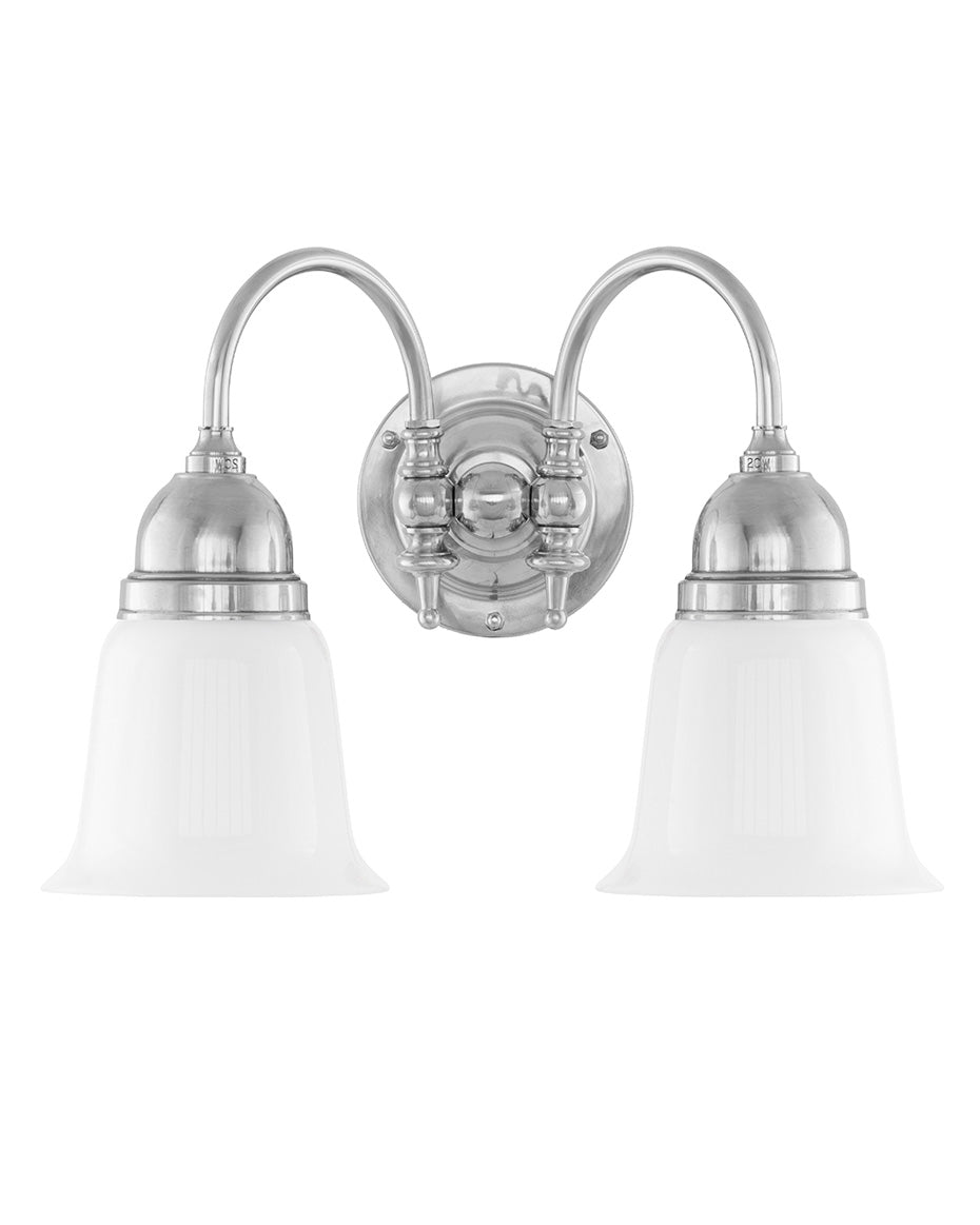 Bathroom Lamp – Stackelberg Nickel-Plated with Opal White Bell Shades