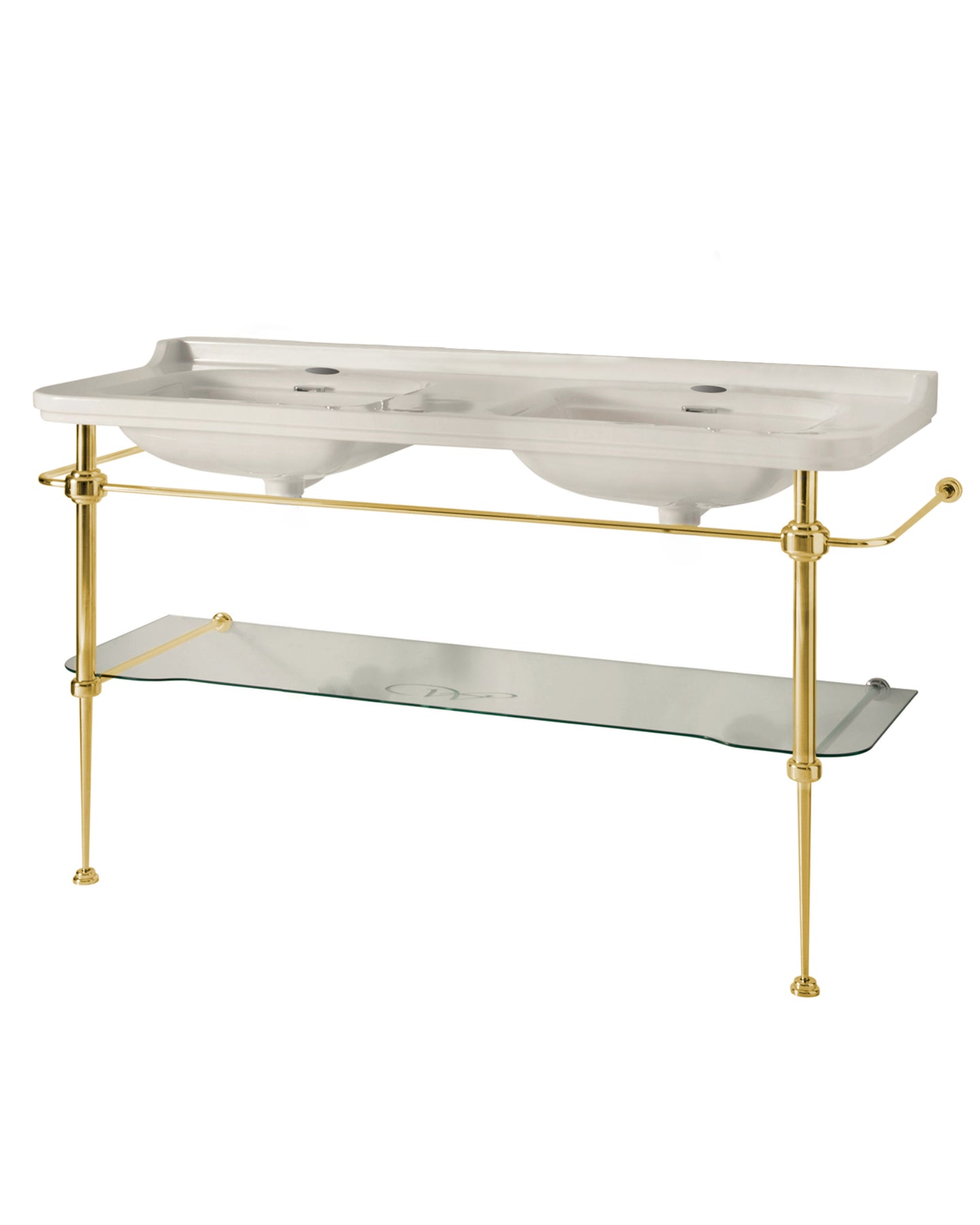 Sink with Brass Stand in Lacquered Brass with Glass Shelf - Art Deco - Double 150 cm