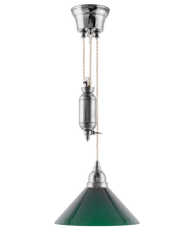 Light - Cobbler Nickel Rise and Fall Pendant with Green Shade 25 cm
