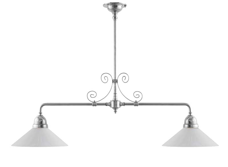 Ceiling Lamp – Double Pendant Billiard Lamp in Nickel with Ornamental Metalwork Accent, Straight Shades