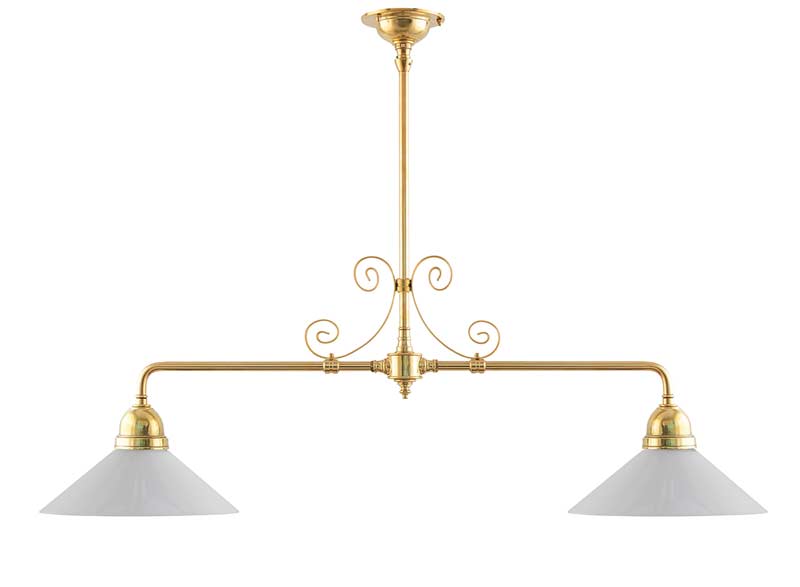 Ceiling Lamp – Double Pendant Billiard Lamp with Ornamental Metalwork Accent and Straight Shades