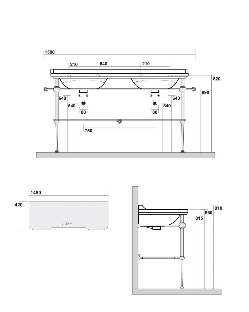 Sink with Bronze Legs & Glass Shelf - Art Deco - Double 150 cm image