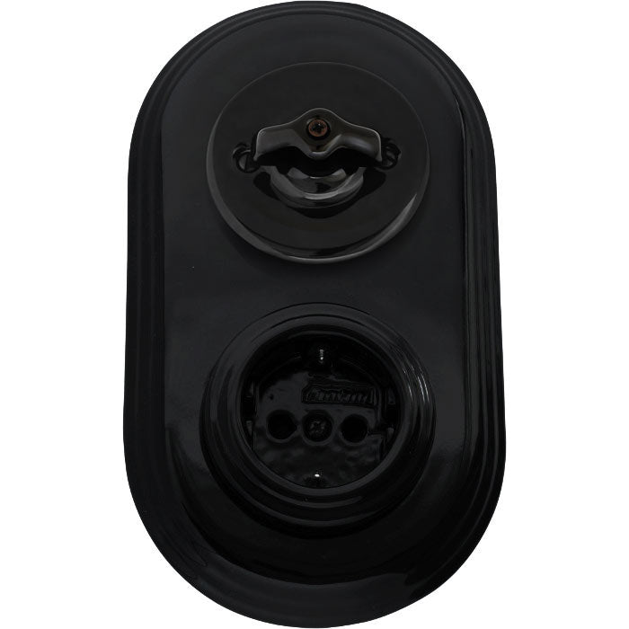Outlet & Rotary Light Switch - Black porcelain, Double-Socket with Cover Frame